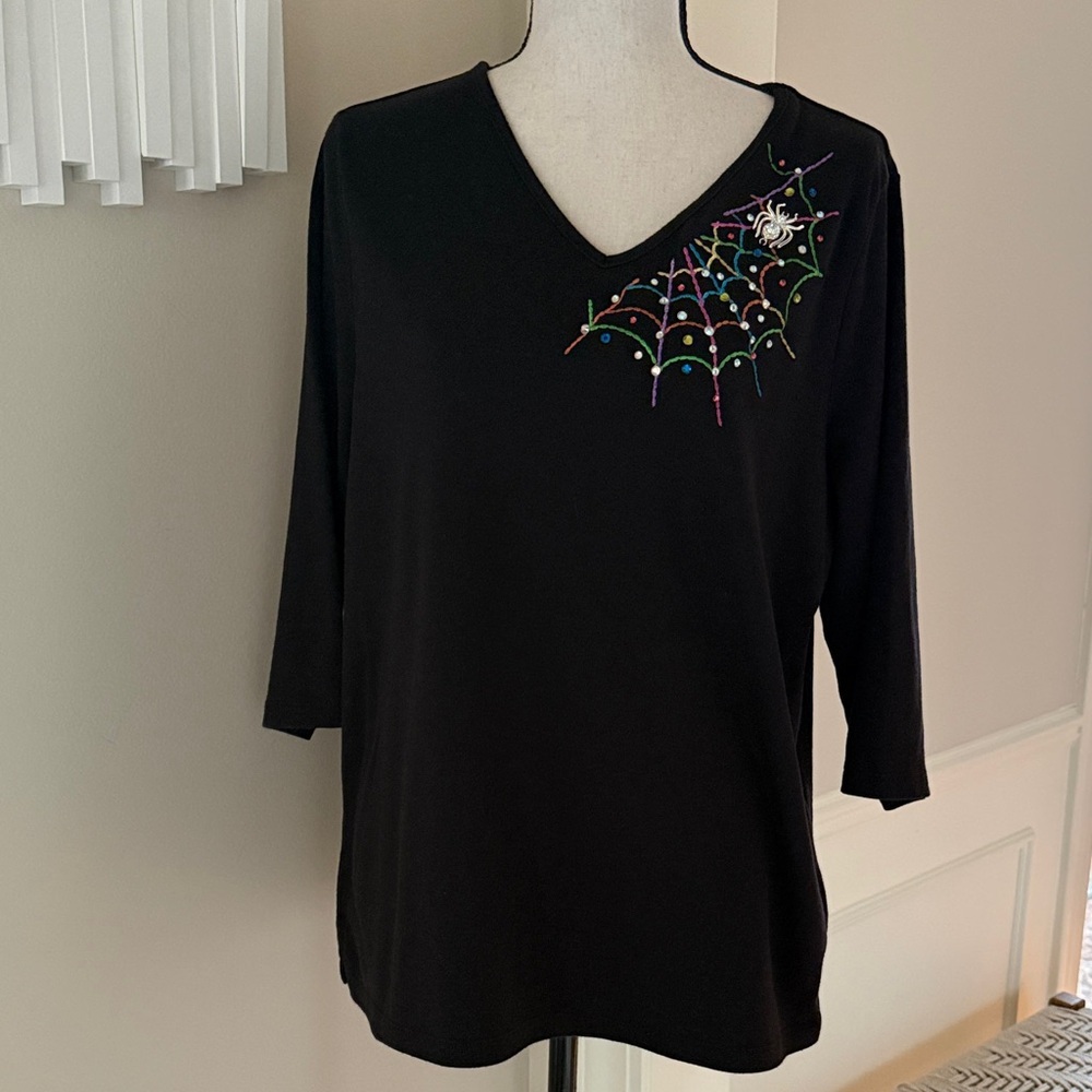 Quacker Factory Halloween Spider Web Top Black Embellished L Rhinestone Bling - Picture 2 of 8